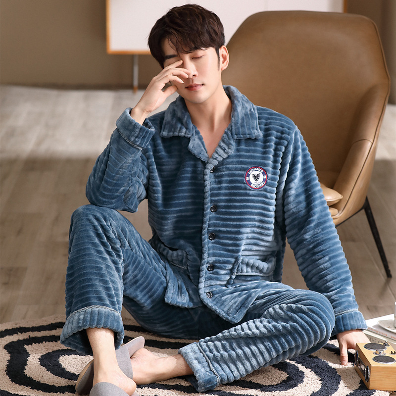 Pijamas de hombre para hombre Otoño e Invierno coral fleece cardigan cálido invierno forrado de lana engrosada franela traje de hombre