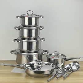 定制不锈钢锅具奶锅煎锅双耳汤锅套装15pcs cookware复底套装锅