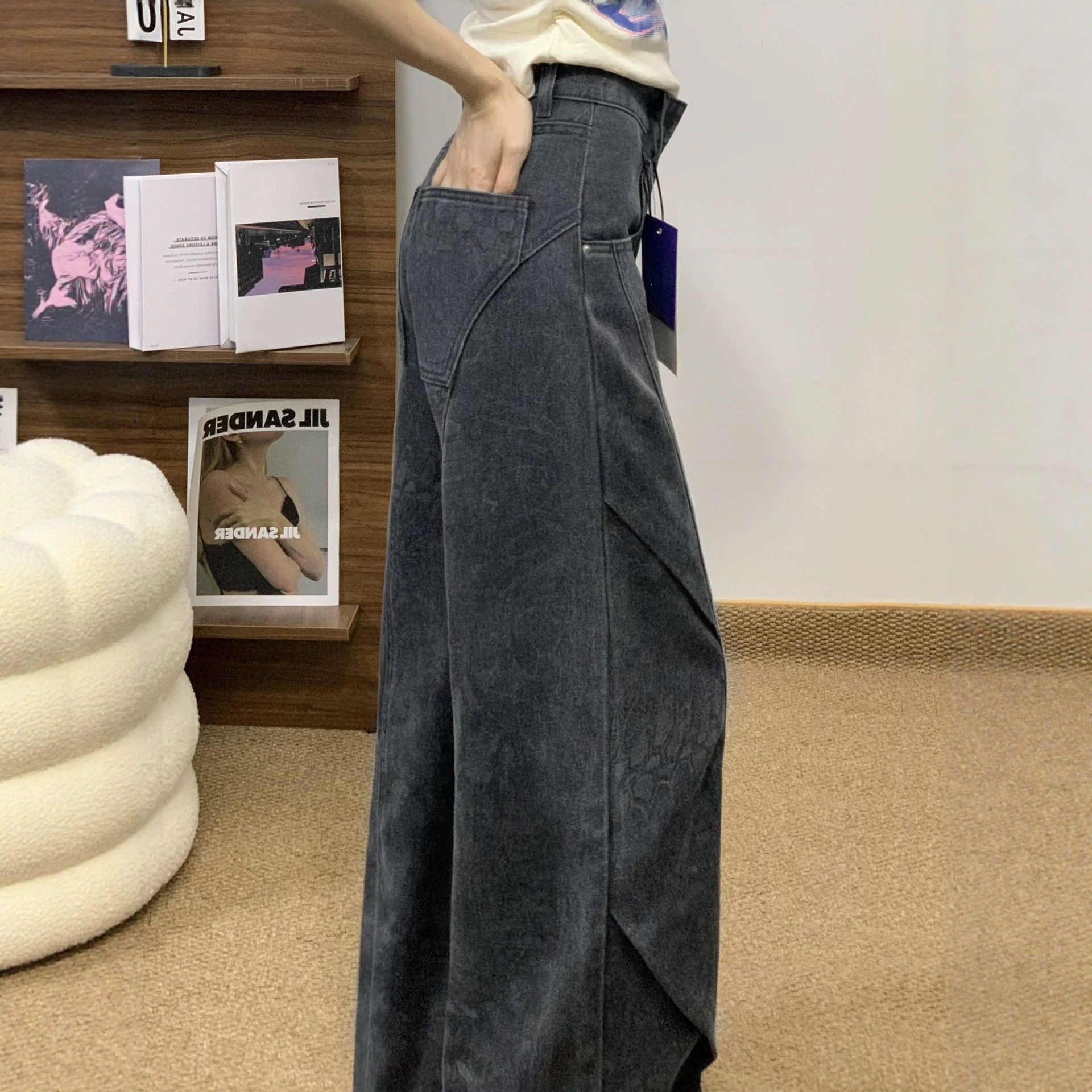 2026 Fall/Winter Fleece-Lined High-Waisted Loose Slimming Wide-Leg Curved-Cut Pants for Plus-Size Women, Black-Grey Printed Workwear Jeans