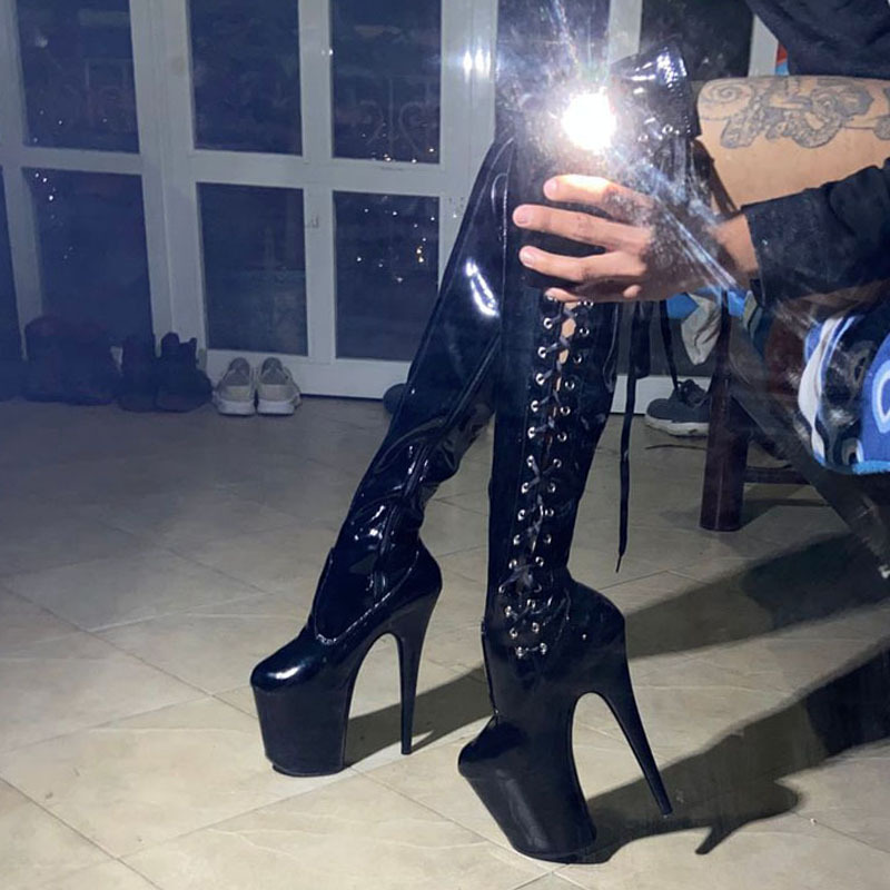 Boot quá gối nữ chống thấm nước gót 20 cm quai bên PU bóng — Màu đen, Màu đỏ