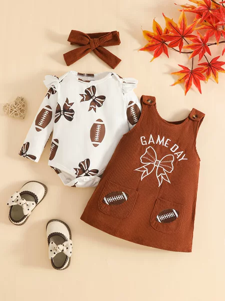 2026 Baby Girl Rugby Print Bow Corduroy Fabric Embroidered Strap Dress + Headband 3-Piece Set