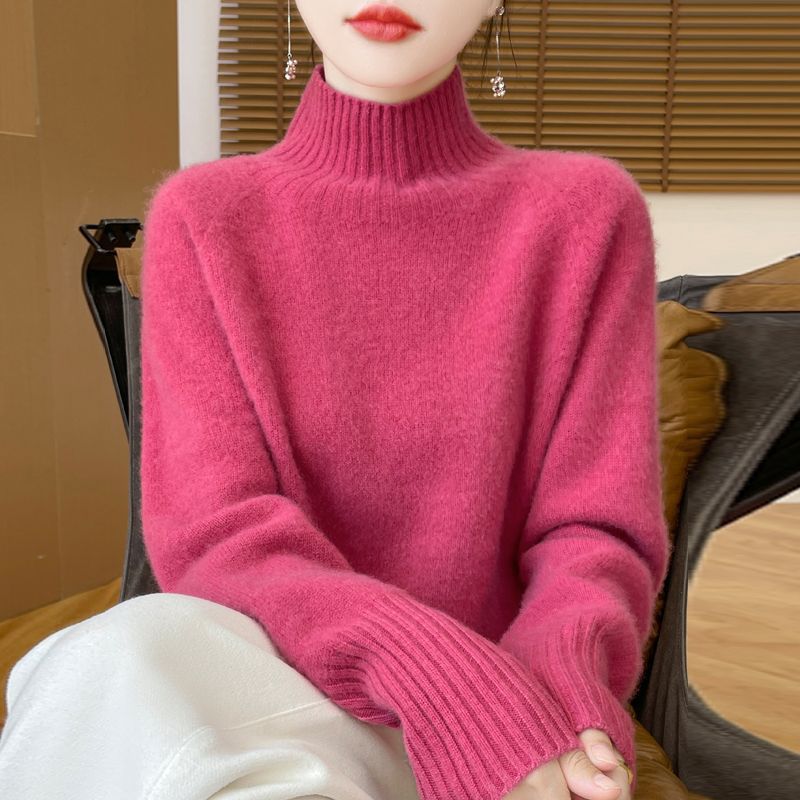 秋冬加厚洋气女半高领针织衫宽松百搭打底衫慵懒纯色毛衣灰