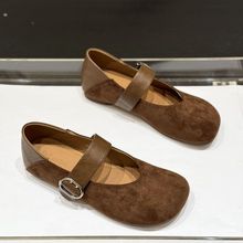 韩版圆头绒面一字带单鞋女2025新款秋季百搭复古时髦玛丽珍小皮鞋