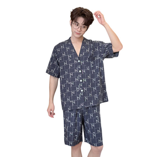 Summer Silk Pajamas Short-sleeved Cardigan Pajamas Woven Cotton Men's Plaid Loose Casual Men's Home Clothes