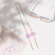 跨境流行日韩紫粉花朵甜美蕾丝蝴蝶结金属链条口罩链儿童眼镜链