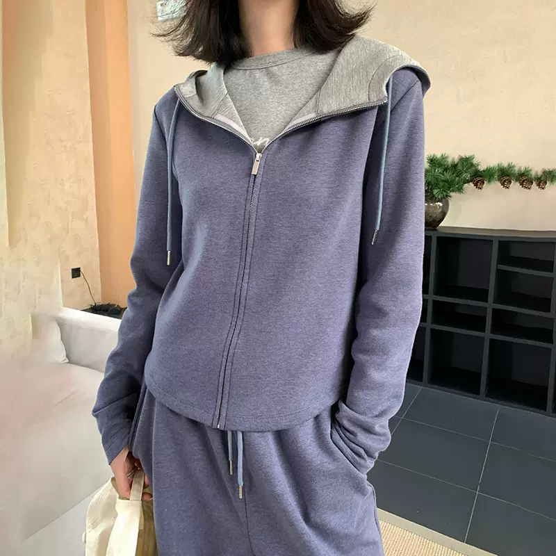 撞色连帽卫衣运动套装女秋冬时尚显瘦长裤气质拉链开衫两件套外套