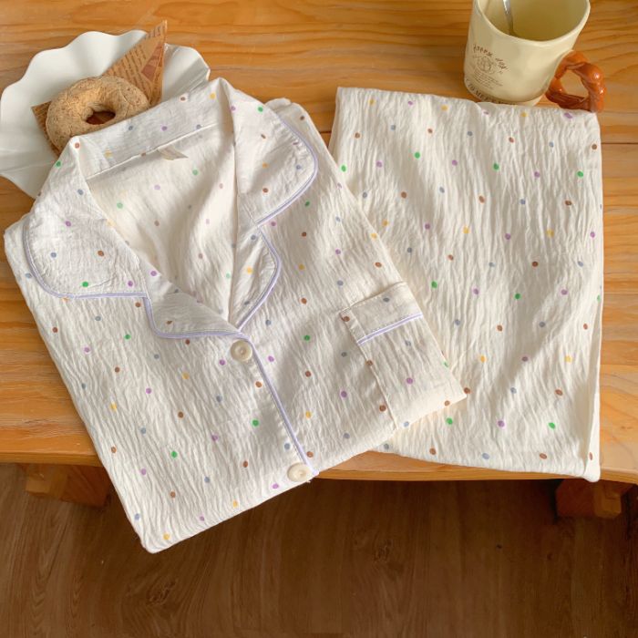 Nuevo conjunto de pijamas de algodón nublado transfronterizo de manga larga delgada primavera y otoño de mujeres lindos pantalones de dibujos animados dulces ropa para el hogar