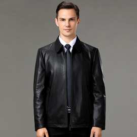 专柜高级真皮皮衣中年男式立领头层小牛皮商务单皮男装皮夹克外套