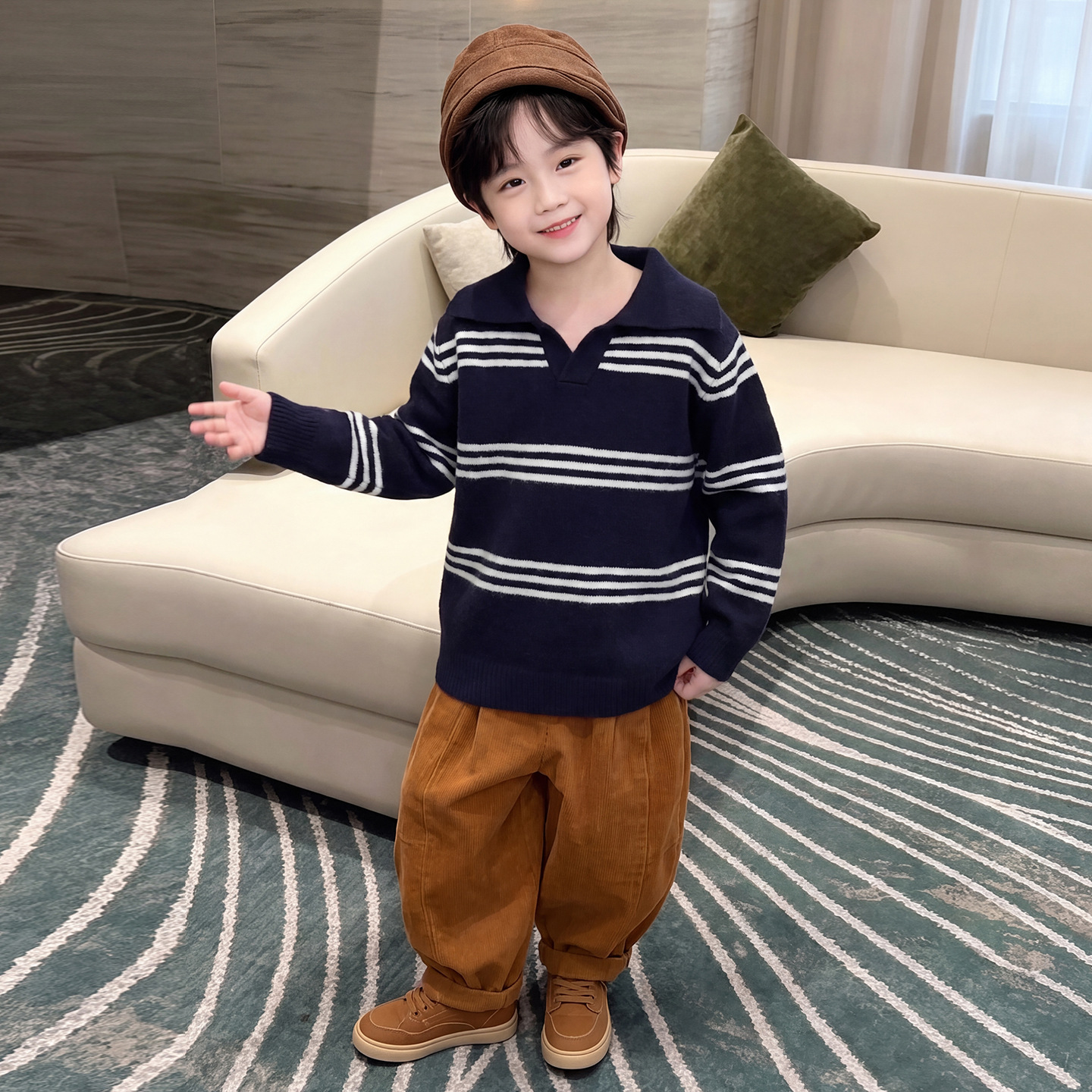 儿童条纹Polo羊毛衫 男童翻领套头毛衣 中小童秋冬针织打底衫童装