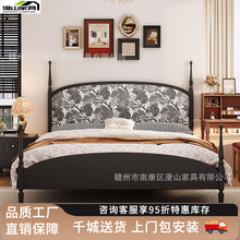 法式复古榉木实木床现代简约小户型卧室家具1.8m黑色软包储物婚床