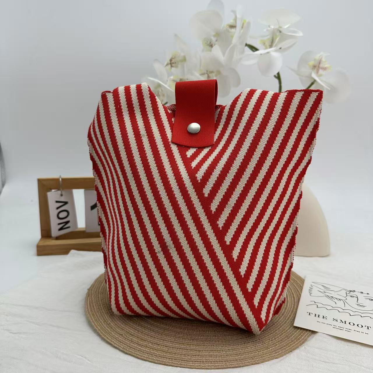 Geometric Knit Structured Large Capacity Basket Tote Bag 6