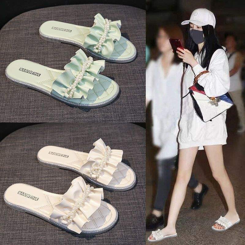 仙女温柔风珍珠水钻拖鞋女夏2025新款外穿时尚平底一字拖薄底凉拖
