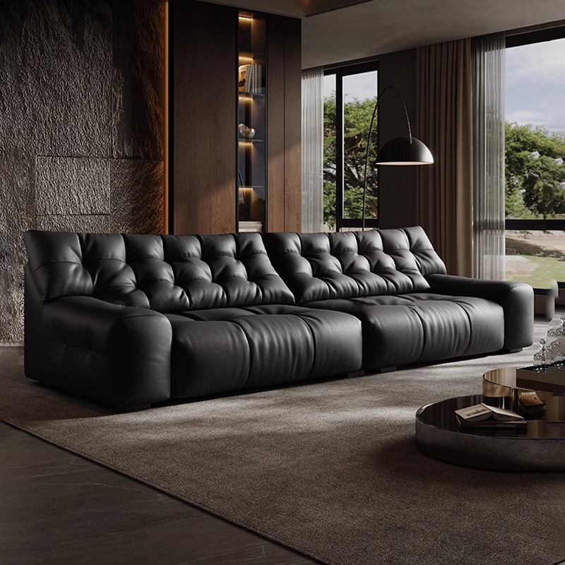 Sofá de oso negro italiano minimalista sofá de cuero de vaca, sala de estar sofá de línea recta diseñador de sofá negro