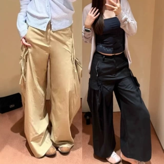 【现货 清仓】折叠立体口袋涂层休闲阔腿裤卡其/黑色垂感工装长裤
