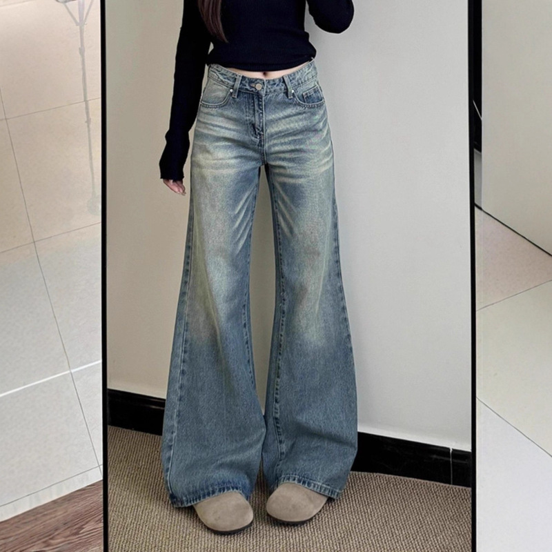 Korean Style Petite Autumn New Retro Straight-Leg Jeans for Women American Loose Design Floor-Length Wide-Leg Pants