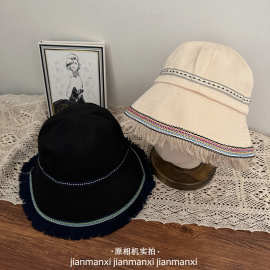 民族风流苏边渔夫帽男女新款百搭休闲大檐盆帽子夏季出游遮阳帽