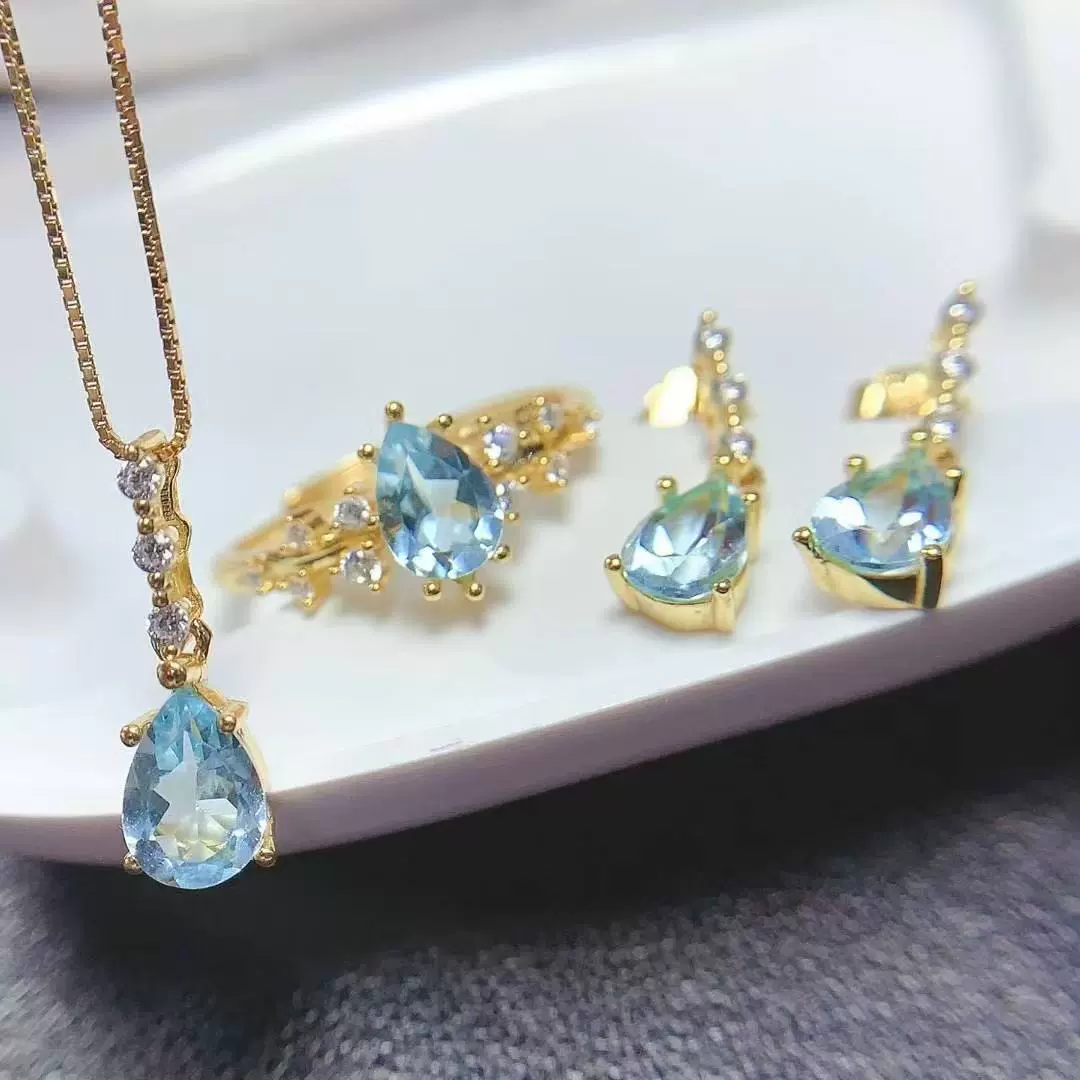 精致天然紫水晶海蓝宝水滴梨形戒指吊坠耳钉套装欧美925银饰品女