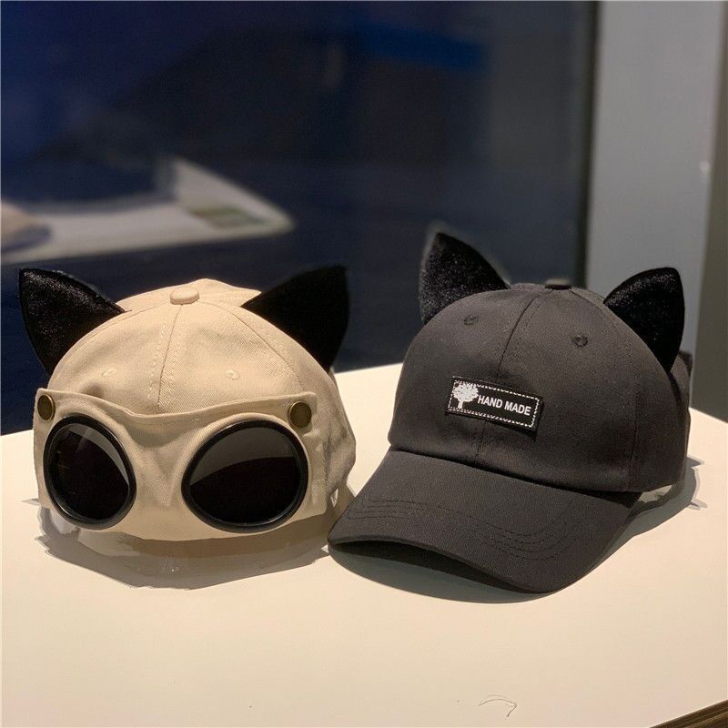 Cute Cat Ears Aviator Hat Glasses Baseball Cap Women's Cap Men's Big Head Girth Fashionable Brand Korean Style in stock Cute Cat Ears Aviator Hat Glasses Baseball Cap Women's Cap Men's Big Head Girth Fashionable Brand Korean Style in stock