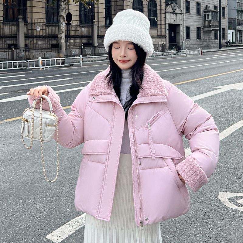 Cordero gran solapa extranjera ropa de algodón plumón ropa de invierno de mujer nueva chaqueta de algodón corta suelta de tamaño grande grueso abrigo
