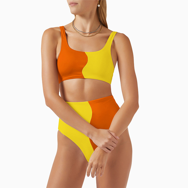 Costume da bagno color block Miracle Garment, bikini a due pezzi a vita alta, stile europeo-americano, per donna, sexy, senza ferretto, con imbottitura per il petto_voghion.com