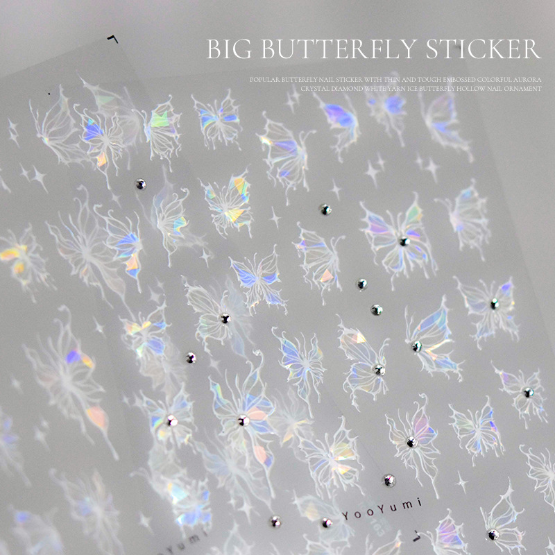 Red Mariposa Roja Etiqueta de uñas de cristal diamante Delgado resistente hueco alivio mágico color Aurora Cristal Diamante Blanco hilo Hielo Mariposa joyería de uñas