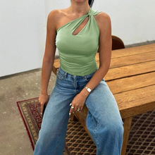 欧美跨境热卖别致设计感打纽斜肩吊带背心女外色修身短款抹胸上衣