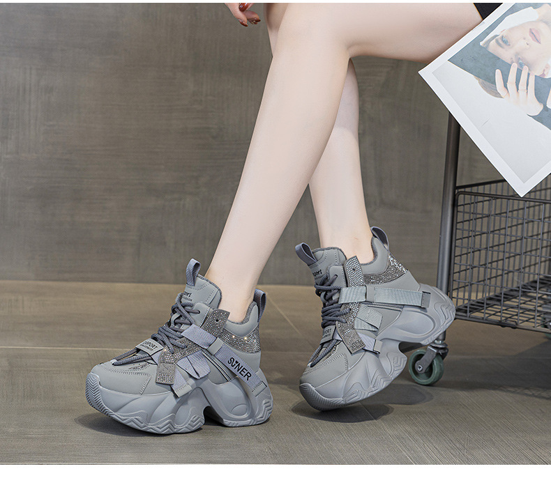 Giày sneaker nữ chunky đế dày tăng chiều cao 8cm, đính đá pha lê, dây buộc thời trang — M2991 lót đơn màu đen, M2991-1 plus nhung nâu, M2991 lót đơn màu xám, M2991-1 plus nhung xám chi tiết 17