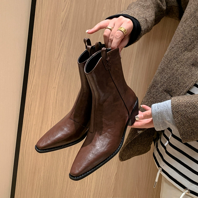 Ботинки грейпфрута для юниоров, женские новые универсальные Ботинки Челси из натуральной кожи на среднем каблуке, 2023, на массивном каблуке, модные ботинки Martin с острым носком