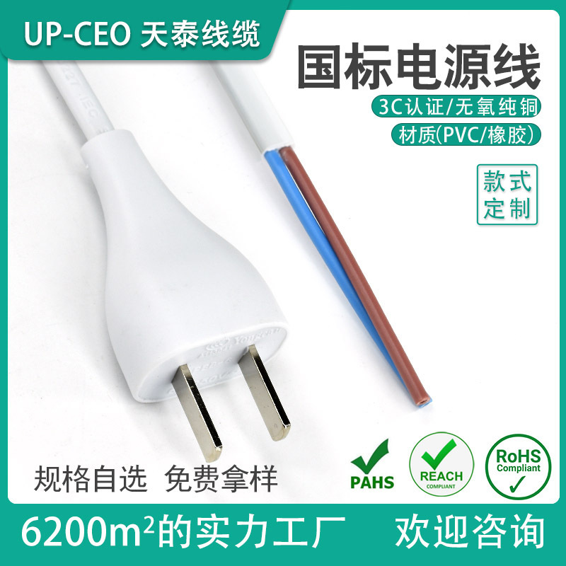 3C认证纯铜国标二插二芯插头线 电源线 充电器电风扇裸线尾插头线