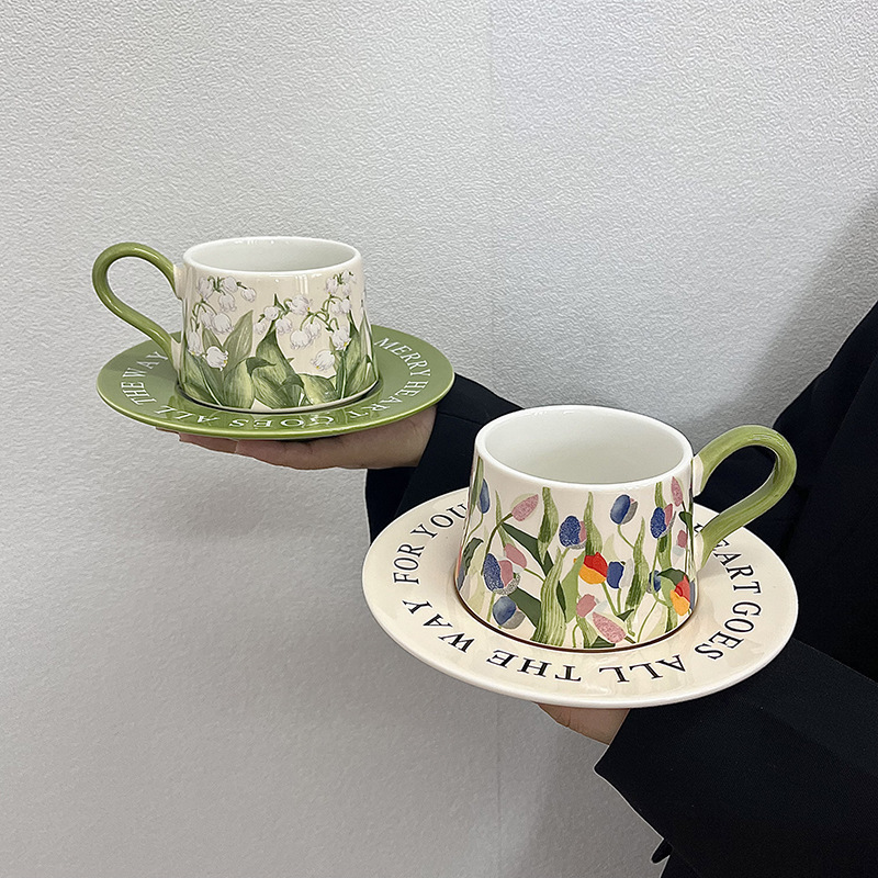 复古油画铃兰花咖啡杯碟套装轻奢陶瓷杯子小众拿铁杯下午茶花茶杯|undefined