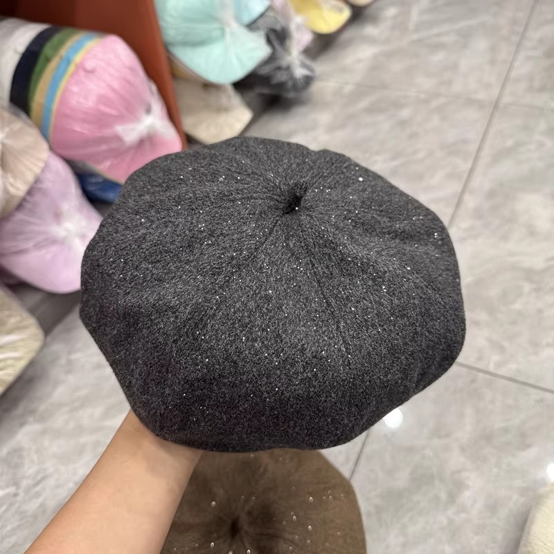 秋冬百搭保暖亮片毛呢贝雷帽子女时尚闪亮显瘦时装帽南瓜帽画家帽|undefined