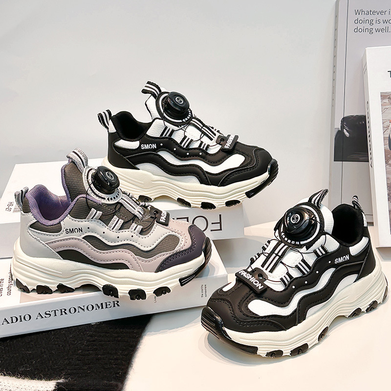 Children's Sports Shoes for Boys, 2026 Autumn and Winter New Models, Medium and Large Children's Girls' Shoes with Added Fleece, Rotating Buckle Dad Shoes, Trendy