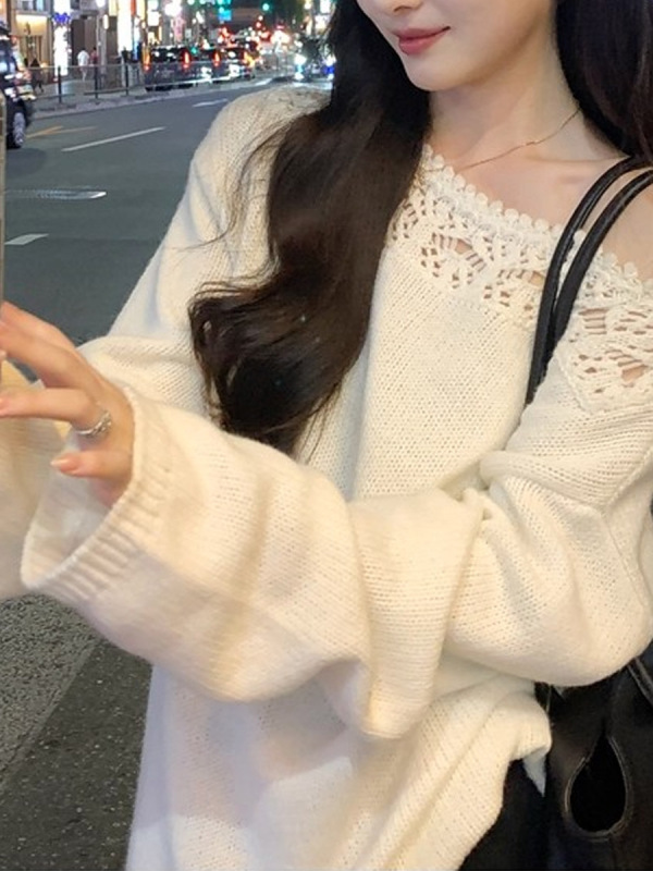镂空花边一字领针织衫女秋长袖宽松慵懒上衣|undefined