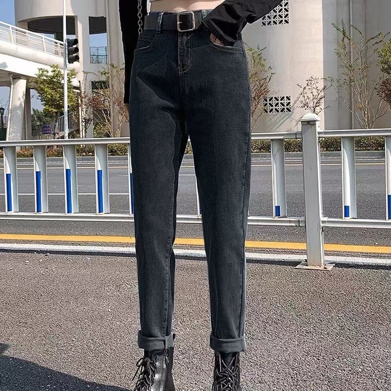 时尚弹力牛仔裤女2025年新款秋冬显高高腰宽松哈伦萝卜百搭裤子潮|undefined