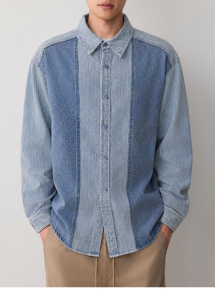 Áo sơ mi denim nam tay dài phong cách cổ điển sọc nối — Cao bồi xanh chi tiết 17