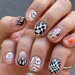 Halloween manicure checkerboard funny face wearing nails, export cute translucent fake nail stickers, detachable