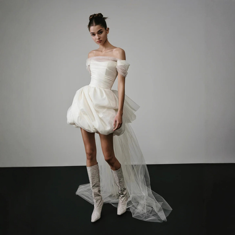 French-Style Light Wedding Dress, Short Off-Shoulder Niche Design, Korean-Style Outdoor Travel Photography, Fairy-Like Engagement and Marriage Registration, Puffy Skirt for Women