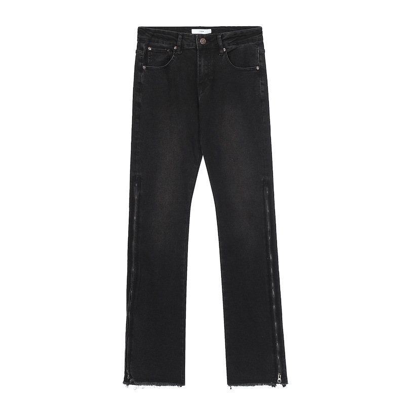 AKAMA pantalones sueltos de calle alta con cremallera, pies delgados, jeans negros elásticos, pantalones micro-acampanados de moda para hombres