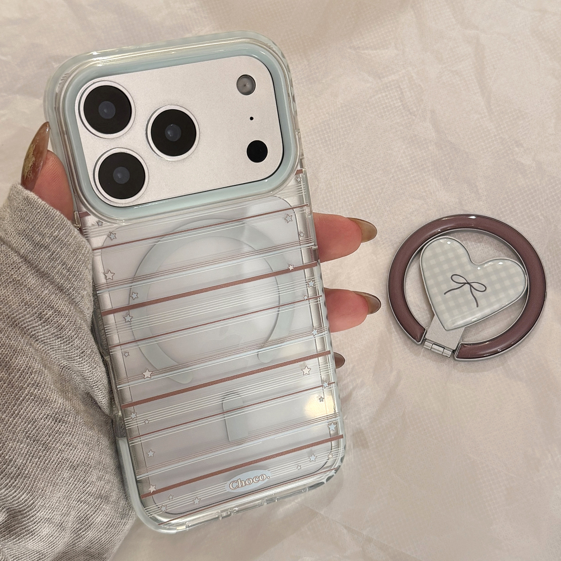 Amor succión soporte para Apple 17Promax caso de teléfono 15 arco azul marrón iPhone 16 coreano 13 suave