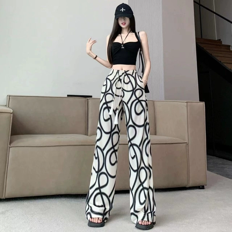 Повседневные брюки с принтом в европейском стиле для женщин, лето 2025, драпированные свободные утягивающие брюки с высокой талией, универсальные нишевые тонкие брюки длиной до пола, модные