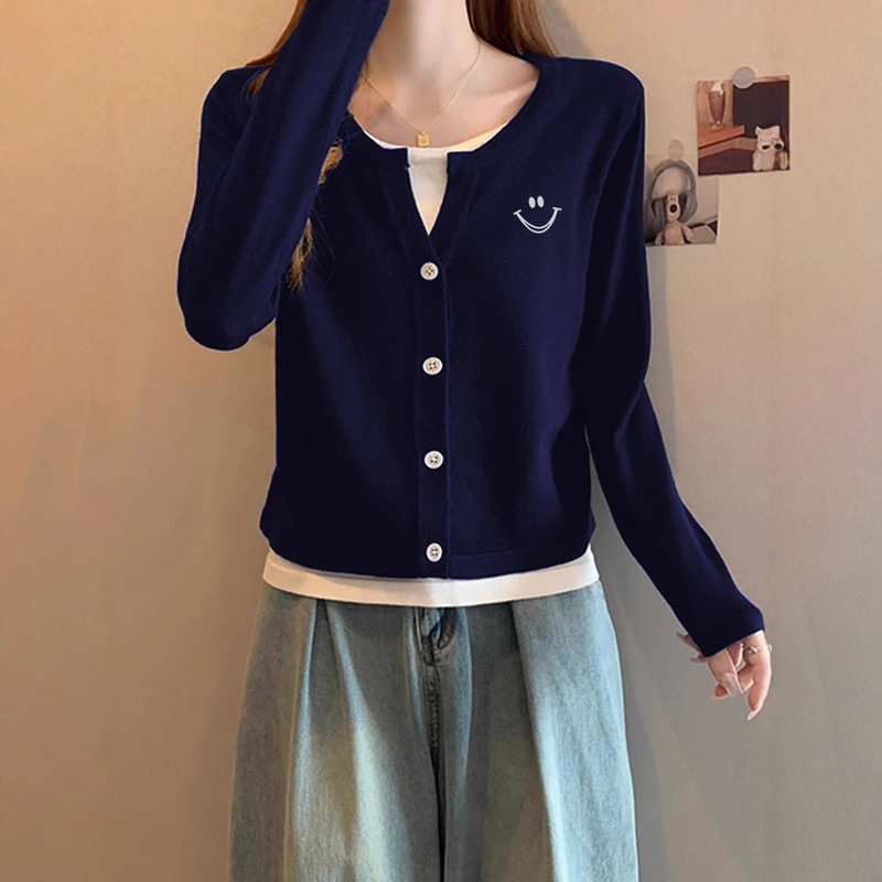 韩版撞色拼接假两件长袖T恤女早秋冬季V领设计感印花百搭开衫上衣|undefined