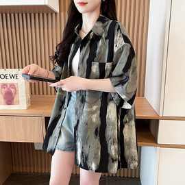 大码扎染水墨画短袖衬衫上衣女夏季潮牌时尚半袖翻领开衫宽松外套
