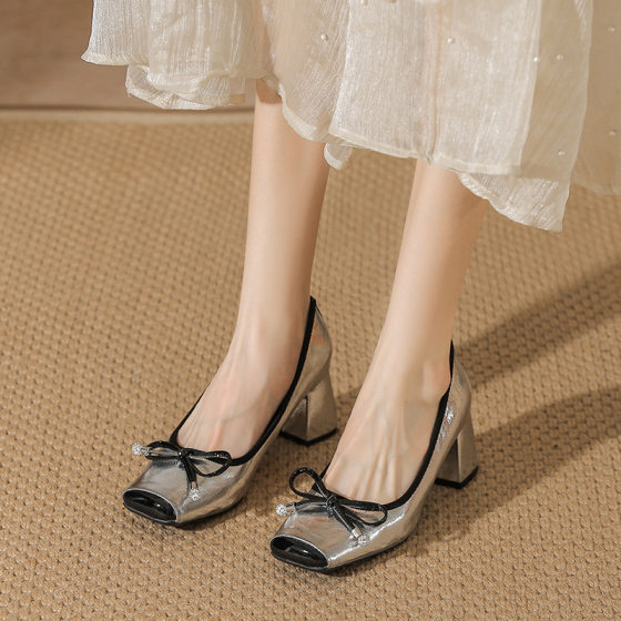French Style Retro Pig-Nose Leather Ballet Shallow Mouth Square Toe Mary Jane Shoes with Bow silver