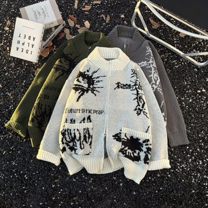 Gilcack Da Vinci Manuscript Knitted Cardigan Sweater Men and Women Lazy Style Couple Tops Jacket Autumn and Winter