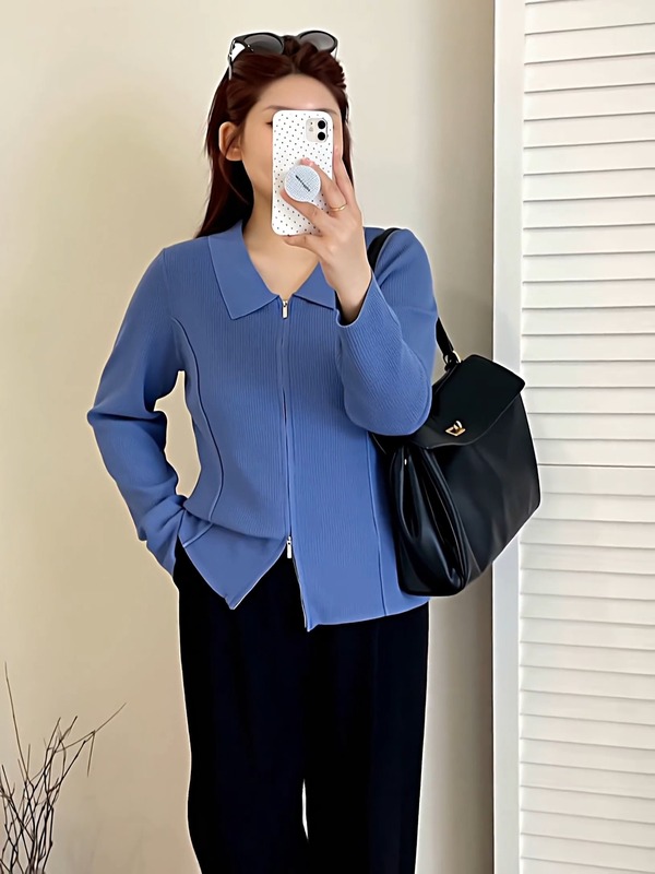 【包邮】大码女装休闲卫衣女polo领外套2025秋胖mm宽松针织开衫|undefined