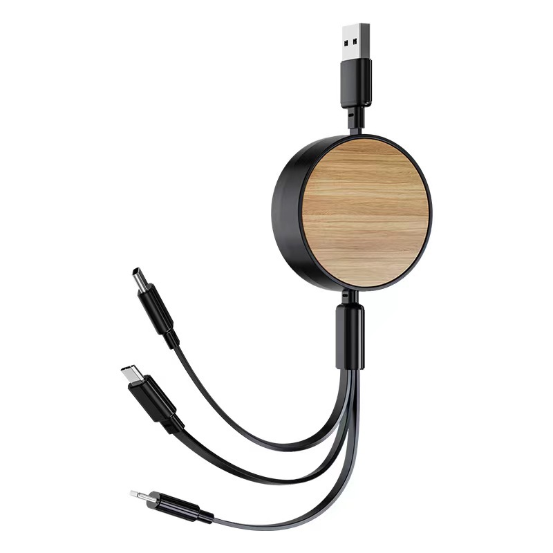 Cable de datos de paja de trigo, cable de carga tres en uno, cargador rápido cuadrado, multifunción, logotipo de impresión de madera y bambú transfronterizo