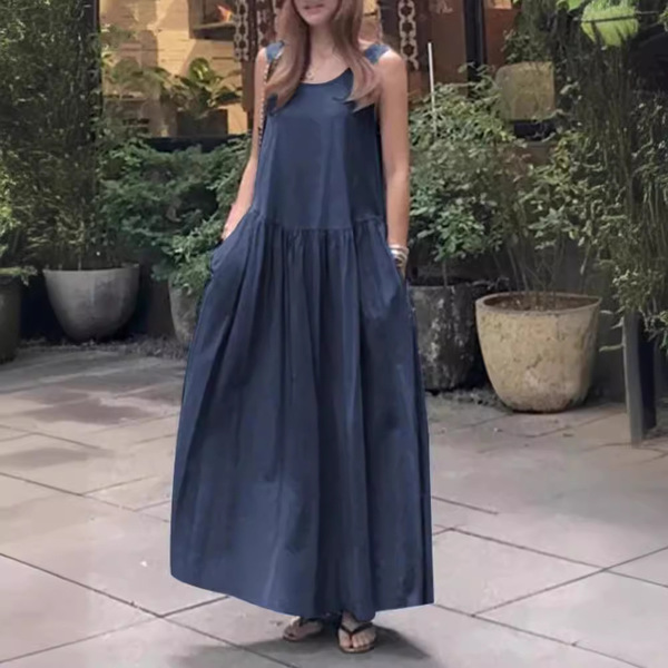 summer solid long vest with a round collar sleevless