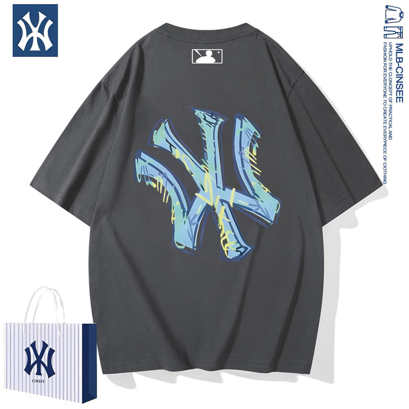 mlb&ny2025 夏ヘビーウェイトピュアコットンカップル Tシャツファッショナブルで多用途な半袖トップトレンディなブランドルーズ半袖メンズ|undefined
