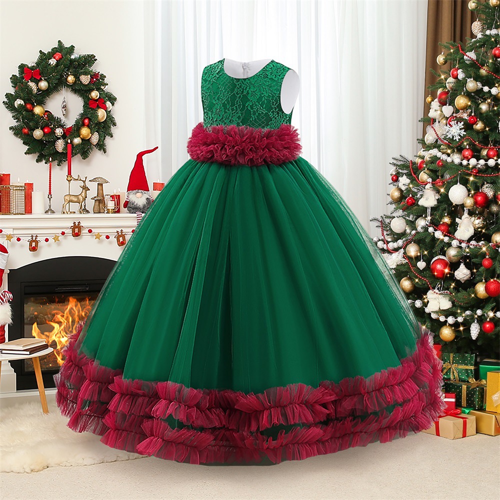 Amazon nuevo Navidad Nochebuena fiesta banquete vestido mediano y grande niños malla bordado vestido princesa vestido en stock