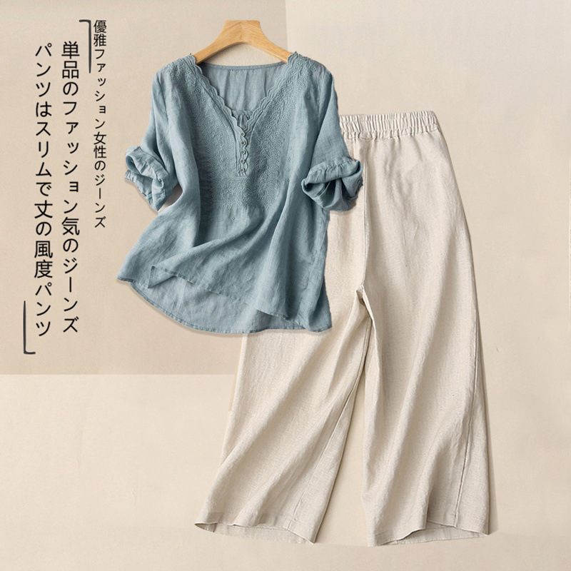 リネンスーツ女性のための 2025 夏の新しい半袖 Tシャツワイドレッグパンツ 2 点セット綿とリネンのシャツカジュアルパンツストレートヘア|undefined
